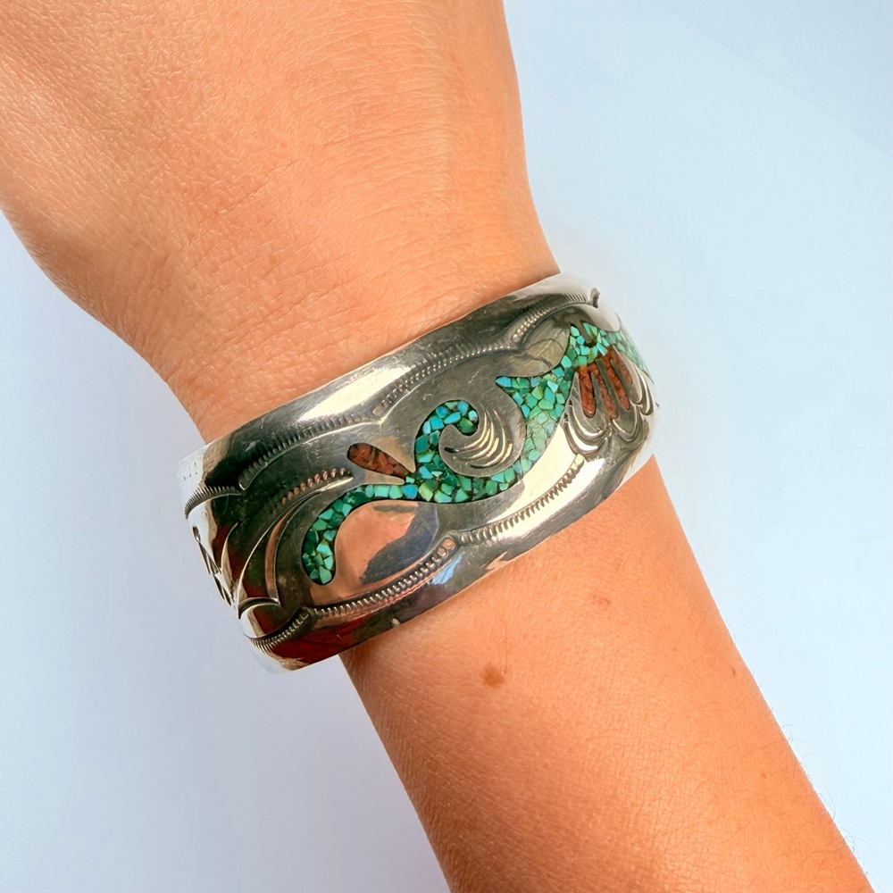 Native American Navajo Turquoise & Coral Sterling Silver BIG VTG Cuff Bracelet - Picture 8 of 11